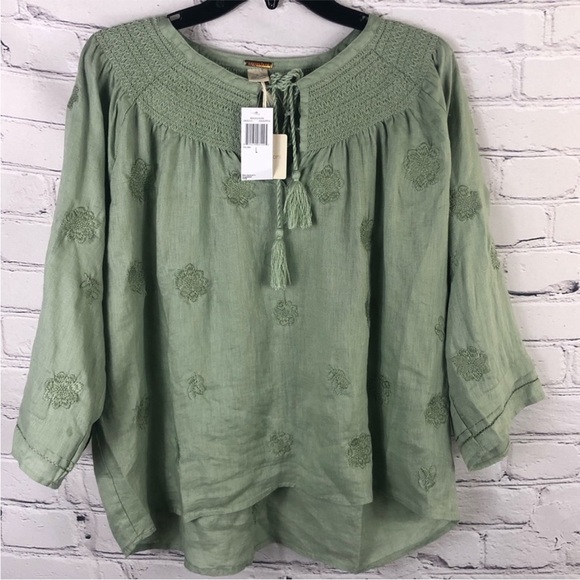 MAGASCHONI LINEN ELBOW SLEEVE PULLOVER TOP Eucalyptus Green Size LARGE NWT - Picture 1 of 8
